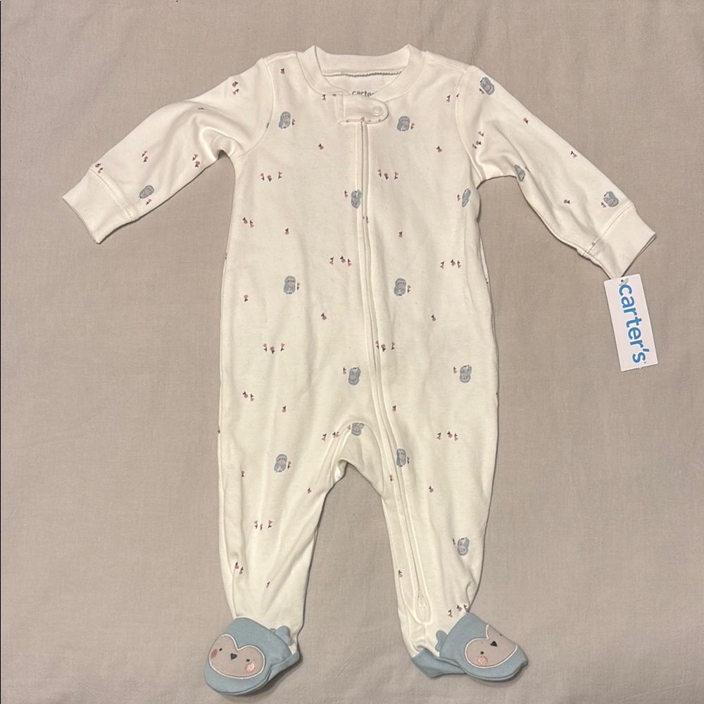Carter's White Footies with Penguin Print with pink tulips